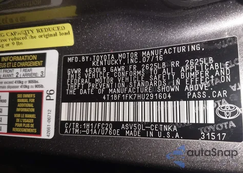 2017 Toyota Camry Le z USA, uszkodzony, nr VIN 4T1BF1FK7HU291604